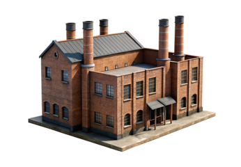 Vintage brick manufacturing plant with multiple chimneys and arches, isolated on a transparent background