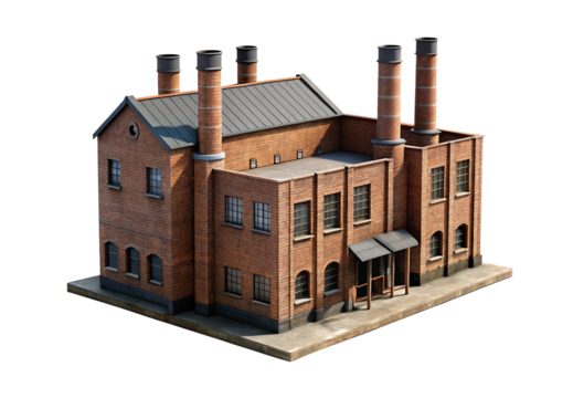 Vintage brick manufacturing plant with multiple chimneys and arches, isolated on a transparent background - Powered by Adobe