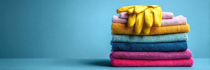 Colorful stack of towels and gloves against a light blue background