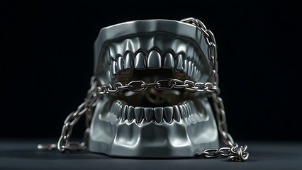constrained. Metal dental model wrapped in heavy chains, symbolic representation of constrained movement on dark background. wellbeing guides.