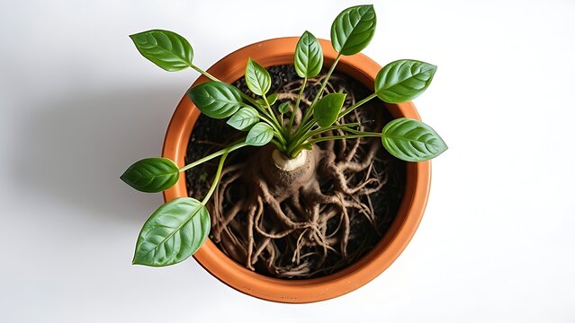 constriction. A root-bound plant in a terracotta pot, roots circling inside, top-down view. gardening catalogs, home-decor guides, designed for gardening and botanical catalogs.
