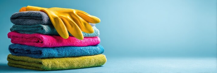 Stack of colorful cloths and a pair of yellow rubber gloves