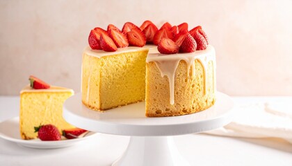 Fluffy chiffon cake with strawberry topping and glaze on a white cake stand in warm natural lighting