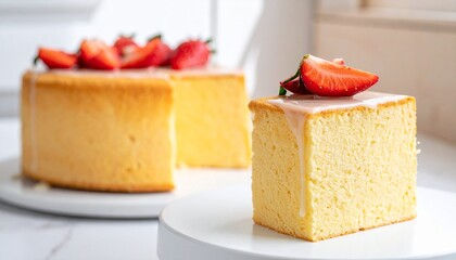 Fluffy chiffon cake with strawberry topping and glaze on a white cake stand in warm natural lighting