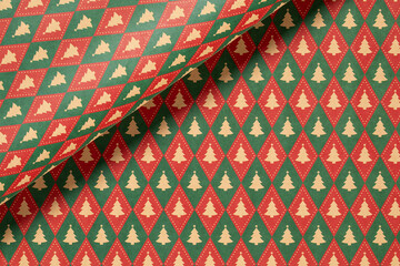 Red and green Christmas background with geometric and christmas trees,seamless pattern of christmas trees and snowflakes background,Christmas wrapping paper, Xmas pattern with ornaments.