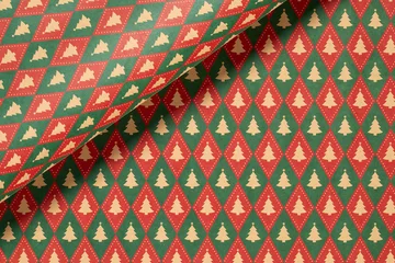 Fototapeten Pony Red and green Christmas background with geometric and christmas trees,seamless pattern of christmas trees and snowflakes background,Christmas wrapping paper, Xmas pattern with ornaments.  © Cool-Hunter