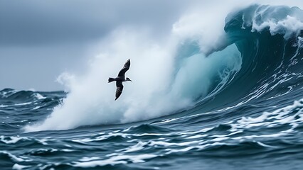 titanic. A storm petrel diving against towering waves in a stormy sea. wildlife magazines, conservation campaigns, designed for wildlife conservation campaigns, used by curriculum designers.