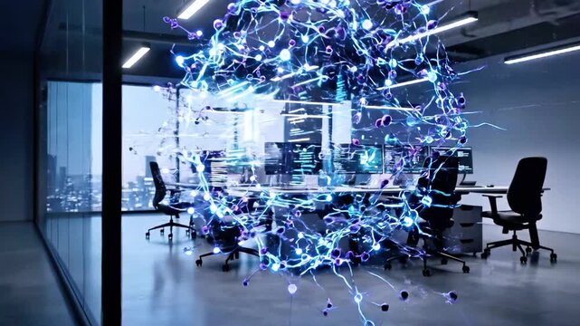 A digital representation of neural networks hovers over a modern office with city skyline view