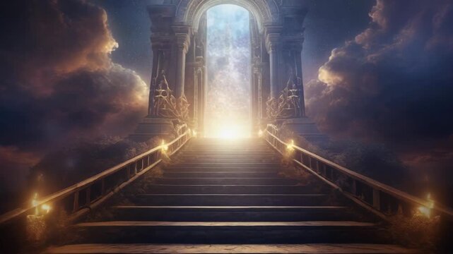 Ornate stone staircase leading to a glowing archway with celestial clouds and a dark, starry sky backdrop