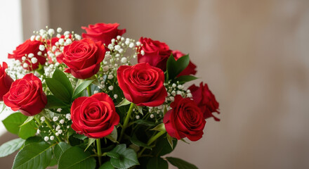 Red roses bouquet features vibrant blooms for special occasions, Valentine's Day included. Bunch of red roses provides feelings of romance and love for someone special on Valentine's Day occasion.