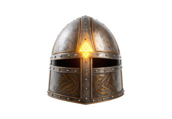 Ancient warrior helm featuring luminous diamond emblem, weathered metal construction, traditional styling, isolated on a transparent background