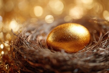 Golden egg in a nest, bokeh background