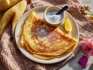Golden crepes, dusted with sugar, on a plate
