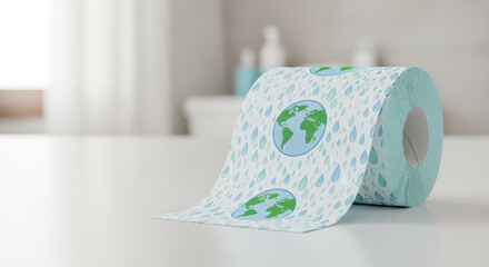 World Toilet Day concept with toilet paper roll featuring earth designs, promoting sanitation awareness. World Toilet Day reminds people about sanitation and access to proper facilities.
