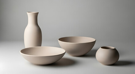 Minimalist Collection of Beige Ceramic Vases and Bowls with Soft Lighting