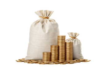 Canvas money bags with gold coins, stacked currency, wealth accumulation, financial prosperity, isolated on a transparent background
