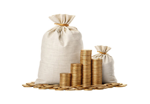 Canvas money bags with gold coins, stacked currency, wealth accumulation, financial prosperity, isolated on a transparent background