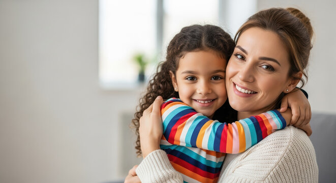Embracing the spirit of adoption month, loving mother hugs her smiling daughter. Celebrating adoption month, cheerful family shares heartwarming moment, building lasting bond and connection.