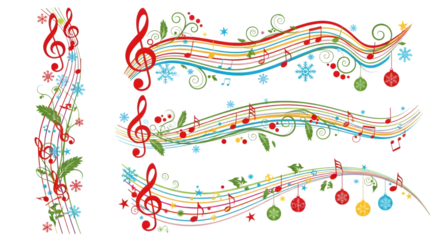 Festive christmas music notes with ornaments isolated on transparent background