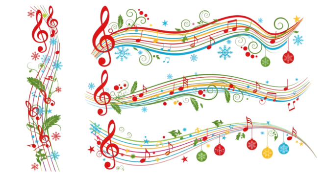 Festive christmas music notes with ornaments isolated on transparent background