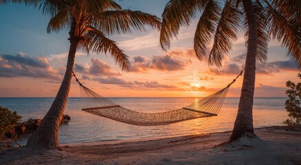 Empty hammock at sunset on tropical beach