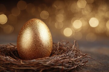 Golden egg nestled in a bird's nest