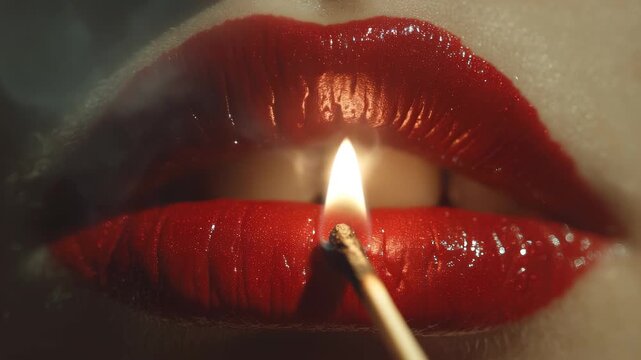 A woman&rsquo;s red lips gleam with glossy lipstick as she lights a match, creating a captivating scene. The match and glossy lips emphasize the interplay of light and texture in this mo