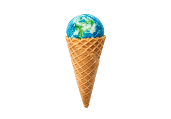 Earth globe as ice cream in waffle cone, different angle view, isolated on a transparent background