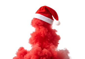 Red Santa hat floating above red smoke cloud formation, Christmas themed, isolated on a transparent background