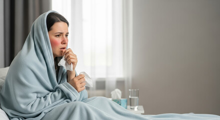 A woman suffering from bronchitis wrapped in blanket, holds a tissue due to illness. Bronchitis symptoms shown with red cheeks and a worried expression. Concept bronchitis, respiratory illness,