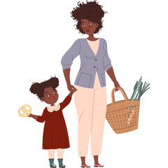 Mother and Daughter Holding Hands with Shopping Basket and Pretzel on Transparent Background