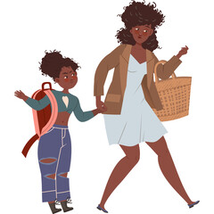 Mother And Daughter Walking Together Holding Hands With A Backpack And A Basket On A White Background