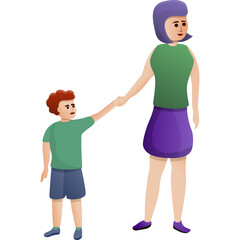 Mother And Son Holding Hands With A Purple Skirt And Green Shirt And Blue Shorts With Purple Hair