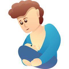 Mother in blue top cradling and breastfeeding baby with soft brown curly hair and light skin tone against white background gentle loving moment