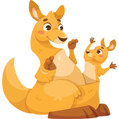 Mother kangaroo carrying her joey in her pouch against a transparent background in warm orange and brown tones showcasing maternal affection and family bond a heartwarming illustration
