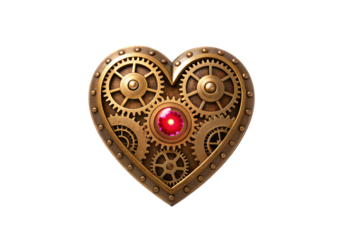 Steampunk mechanical heart with brass gears, red glowing gemstone center, vintage, isolated on a transparent background