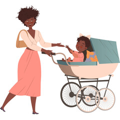 Mother pushing a pink baby carriage with a smiling child inside wearing a peach outfit on a transparent background
