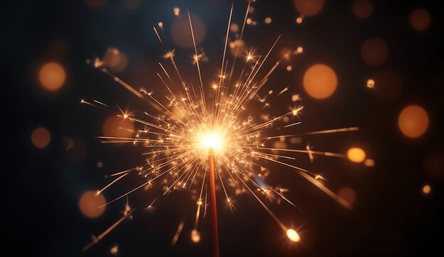 Close up sparkler with festive lights New year background