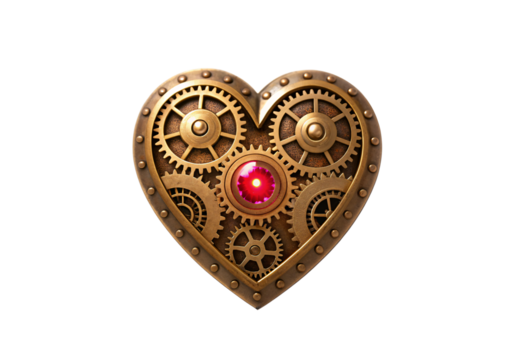 Steampunk mechanical heart with brass gears, red glowing gemstone center, vintage, isolated on a transparent background - Powered by Adobe