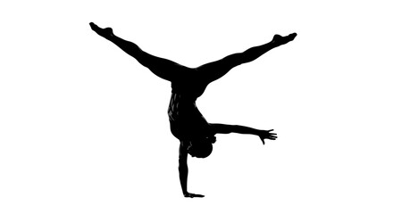 Dynamic silhouette of a flexible acrobat performing a handstand split on a seamless white background for fitness, strength, and wellness projects