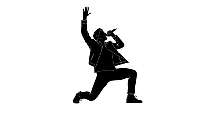 Dynamic silhouette of a male singer performing live with passion and energy, hand raised in excitement, perfect for music events, concerts, or artist profiles