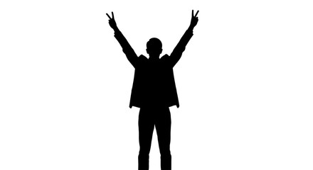 Silhouette of a confident business leader celebrating a victory with a peace sign, perfect for conveying success, achievement, and optimism