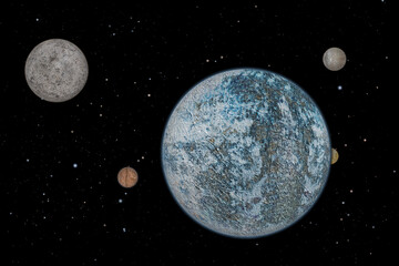 Artist's concept / illustration: Distant solar system with frozen planet and four moons.