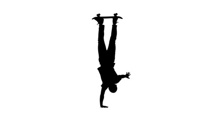 Dynamic silhouette of skateboarder doing handstand trick, perfect for action sports branding, youth marketing, or extreme lifestyle campaigns and athletic themes