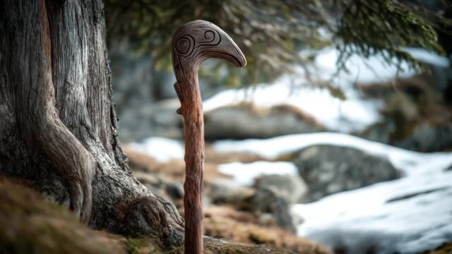 A weathered wooden cane featuring an etched bird's head design stands amidst a snowy winter landscape