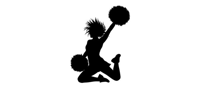 Dynamic cheerleader silhouette leaping with pom poms creates energy and excitement for sports teams and school spirit events and conveys positive attitude