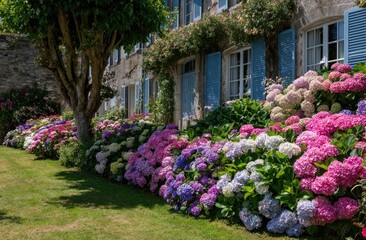 Hydrangea garden, stone building, French charm