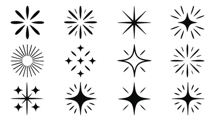 A collection of twelve different starburst and sparkle vector icons isolated on, perfect for adding a touch of magic and shine to your designs and projects