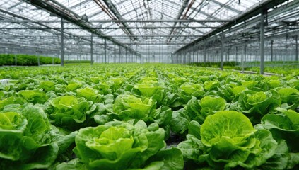 Rows of vibrant green lettuce plants in a large glass greenhouse