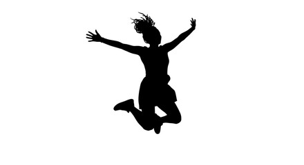 Dynamic silhouette of a woman joyfully jumping with arms outstretched against a clean white background, radiating energy and freedom for your creative projects